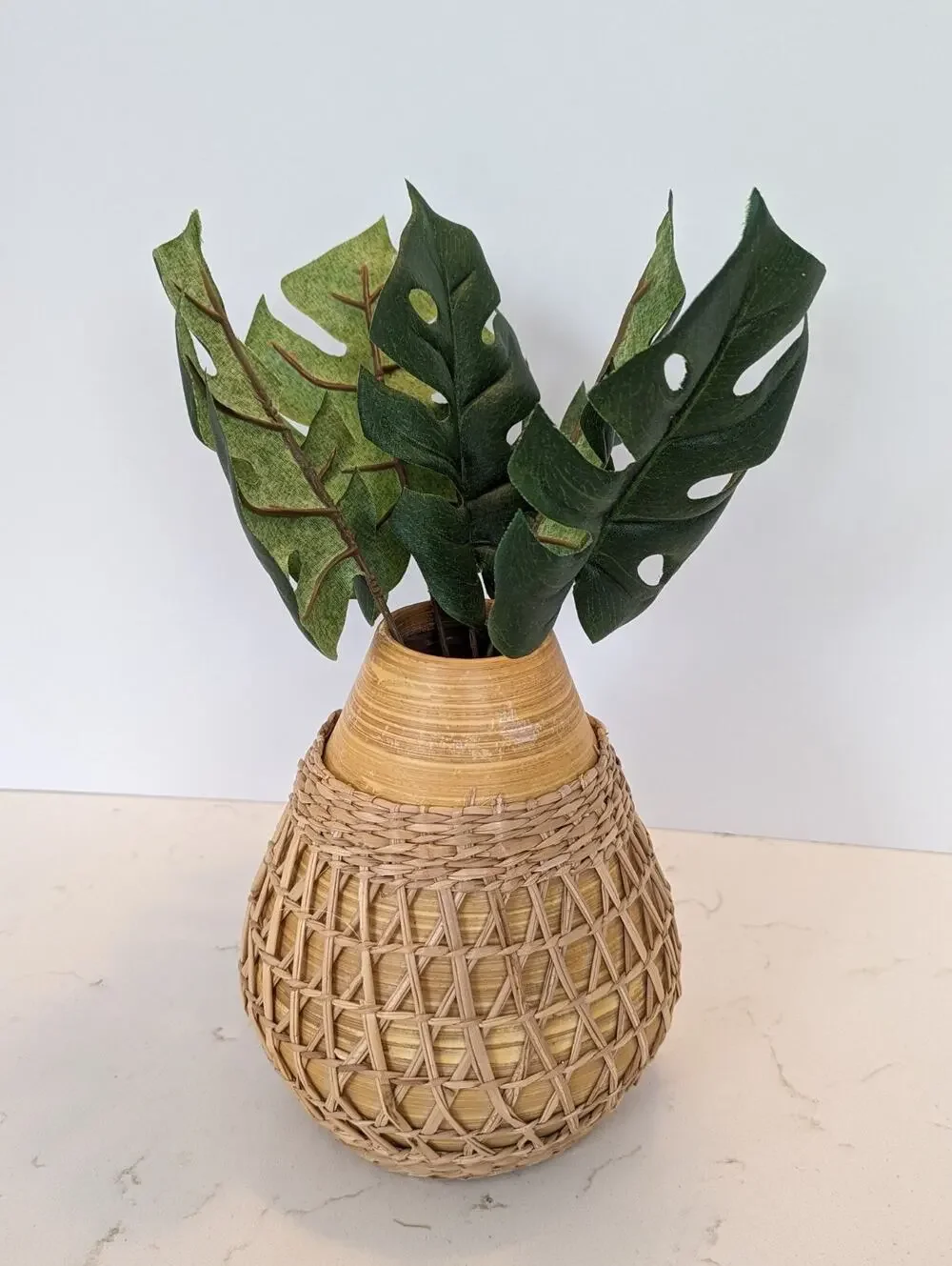 Bamboo Vase W Seagrass Weave Wrapped Rattan Bohemian Earthenware